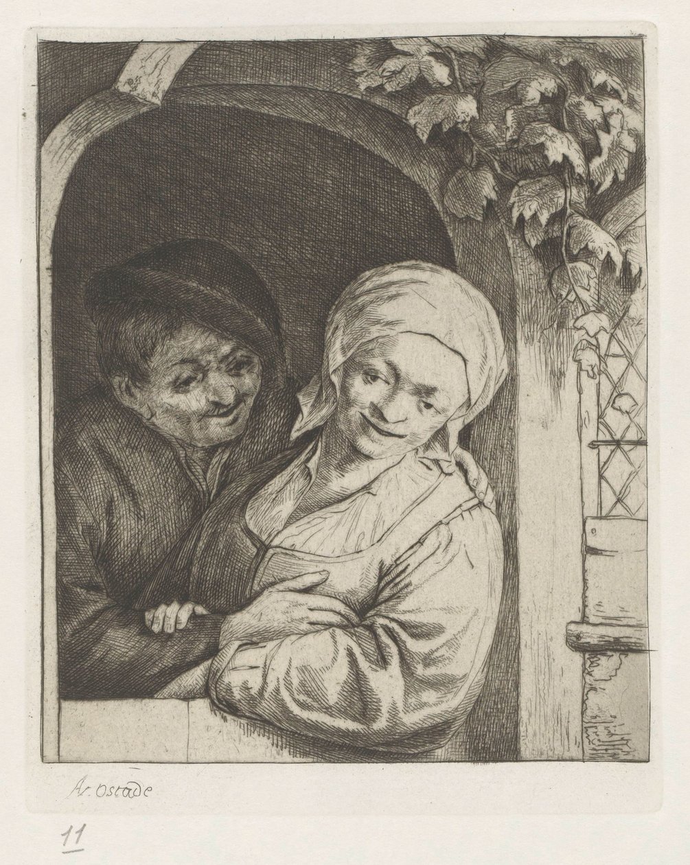 Çiftçi ve çiftçinin karısı kapıda bir aşk çifti olarak by Adriaen van Ostade