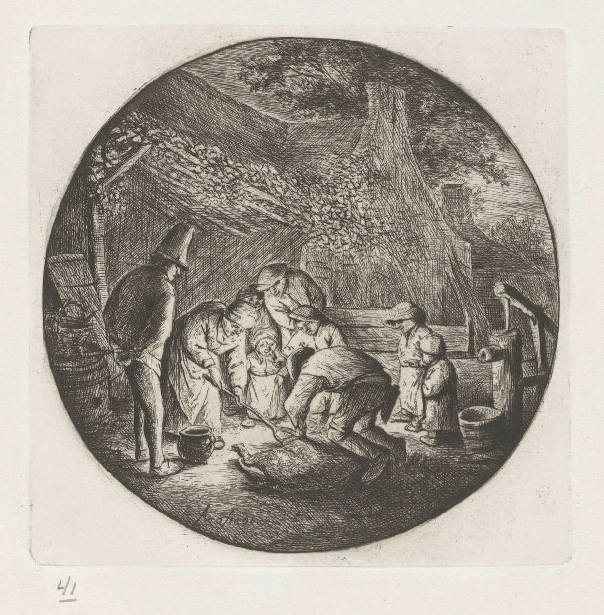 Çiftçi ailesi bir domuzun katledilmesinde by Adriaen van Ostade