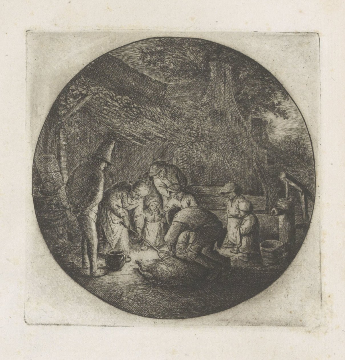 Çiftçi ailesi bir domuz katliamında by Adriaen van Ostade