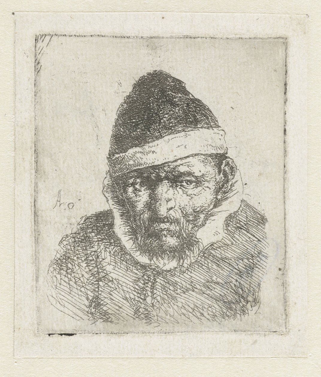 Sivri şapkalı yaşlı bir çiftçinin büstü by Adriaen van Ostade