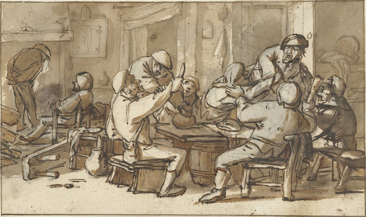 İçen ve tartışan köylülerle bir hanın içi by Adriaen van Ostade