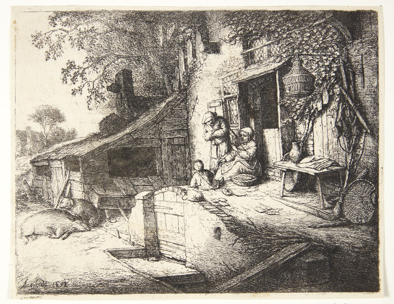 Bir çiftlik evinin önünde dönen kadın by Adriaen van Ostade