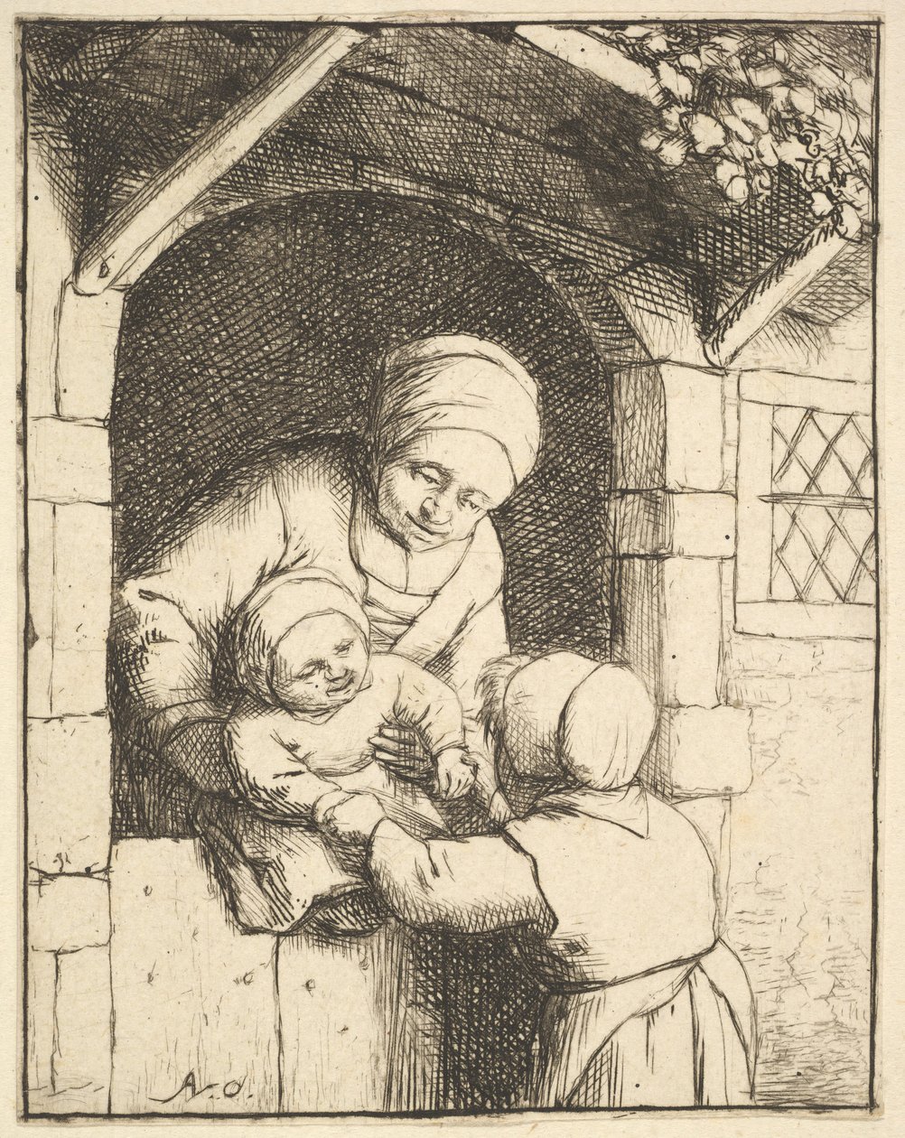 Annesinin Kucağında Bir Bebekle Oynayan Küçük Kız, 1610-85. by Adriaen van Ostade
