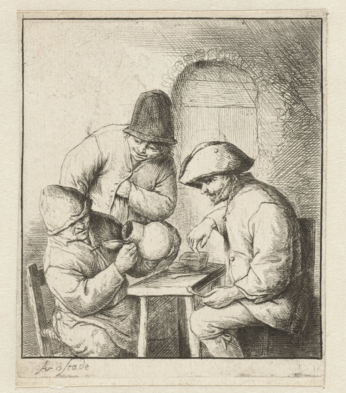 Adam boş sürahiye bakar, iki adam izler boş sürahi by Adriaen van Ostade