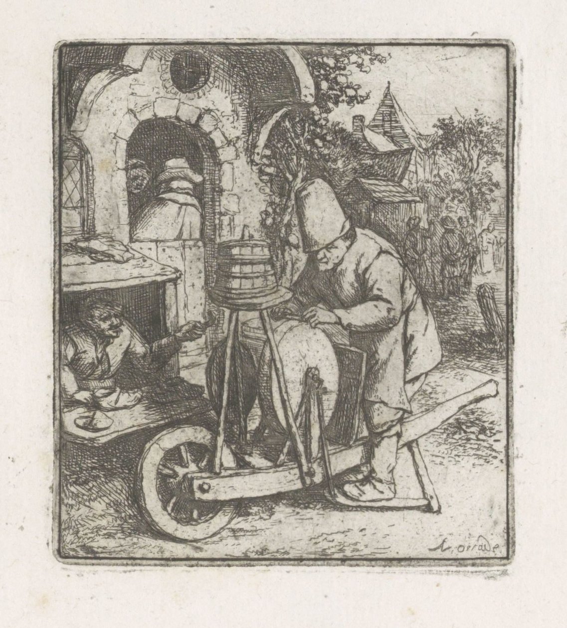 Bir kunduracıda iş yerinde bıçak bileyici by Adriaen van Ostade