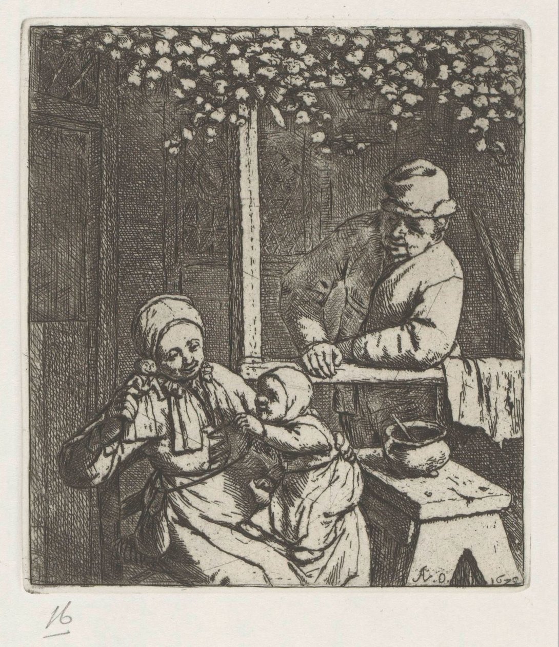 Bir bebeğe uzanarak kucağında çocuğu olan anne by Adriaen van Ostade