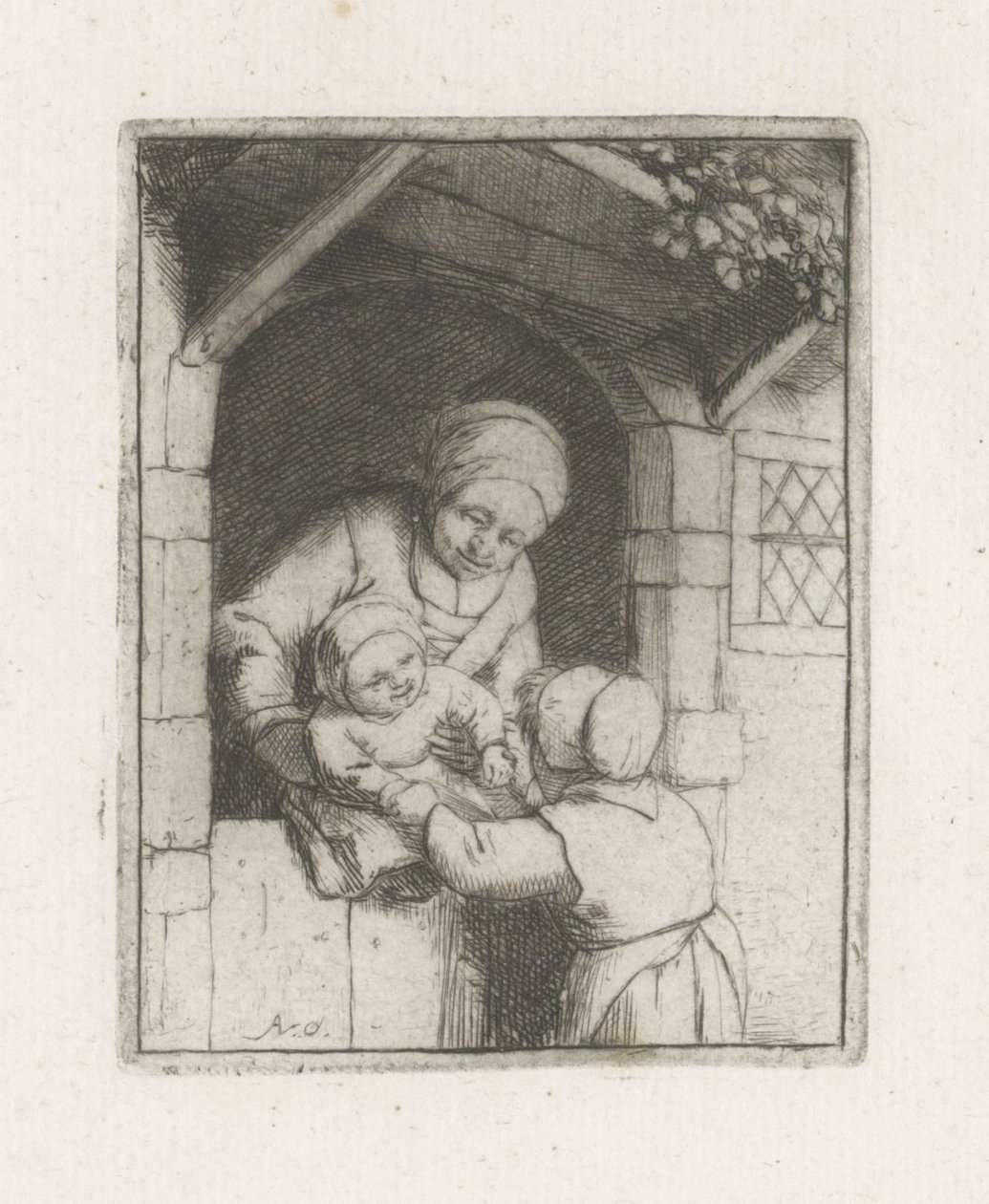 Bir kapıda iki çocuklu anne by Adriaen van Ostade