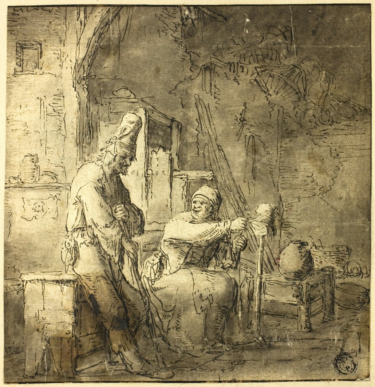Kulübede Yaşlı Köylü Çift by Adriaen van Ostade