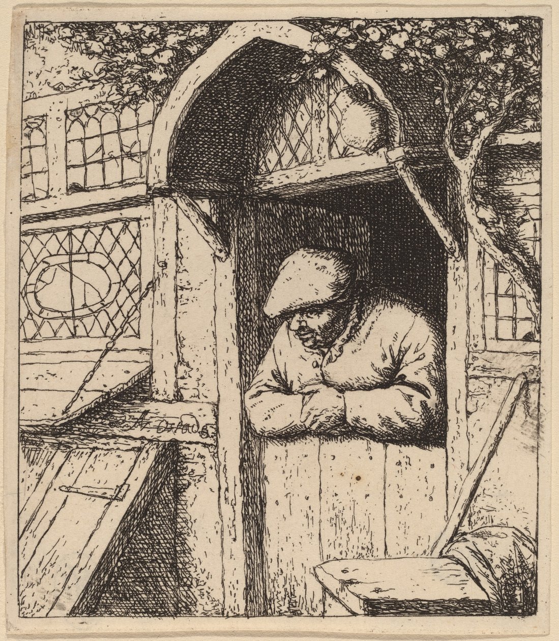 Kapısının Önüne Yaslanmış Köylü by Adriaen van Ostade