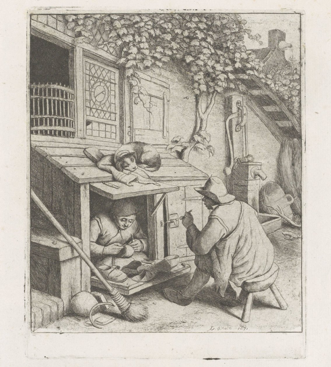 Evinin önünde bir atölyede kunduracı by Adriaen van Ostade
