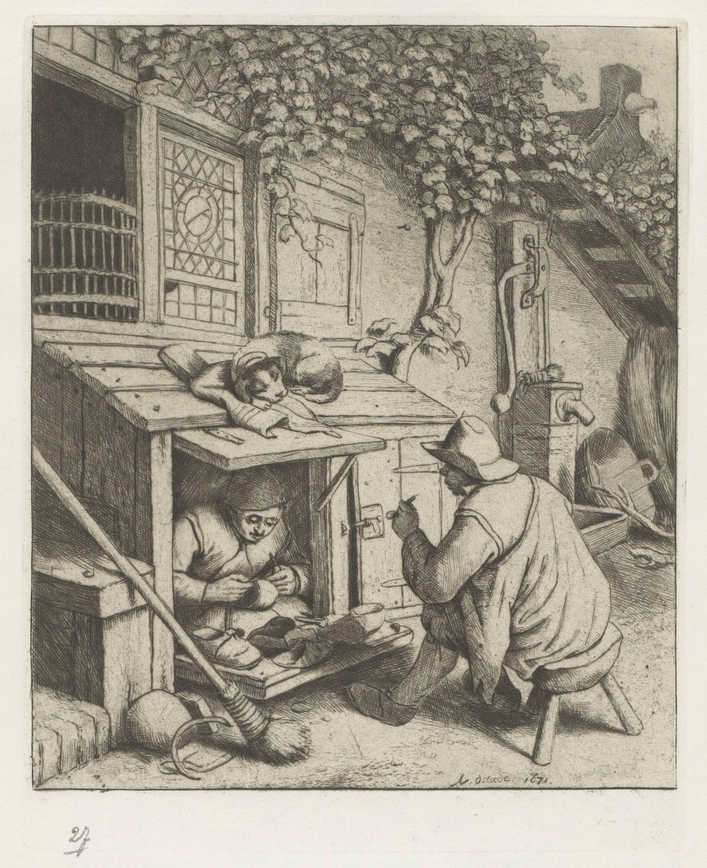 Evinin önündeki dükkanda kunduracı ve bir müşteri by Adriaen van Ostade