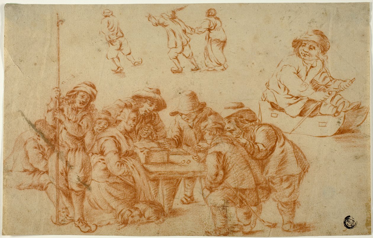 Zar Oynayan ve Paten Yapan Köylü Eskizleri; Kızak üzerinde çocuk taslağını by Adriaen van Ostade