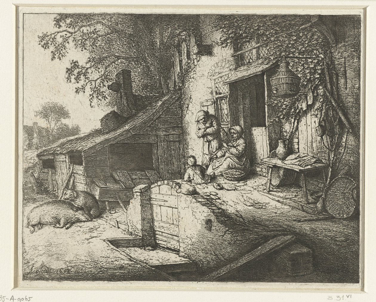 Evin önünde dönen kadın kız kurusu by Adriaen van Ostade