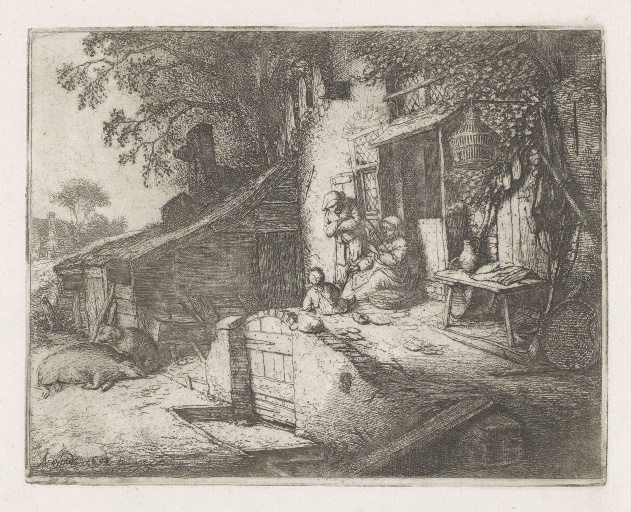 Evin önünde dönen kadın by Adriaen van Ostade