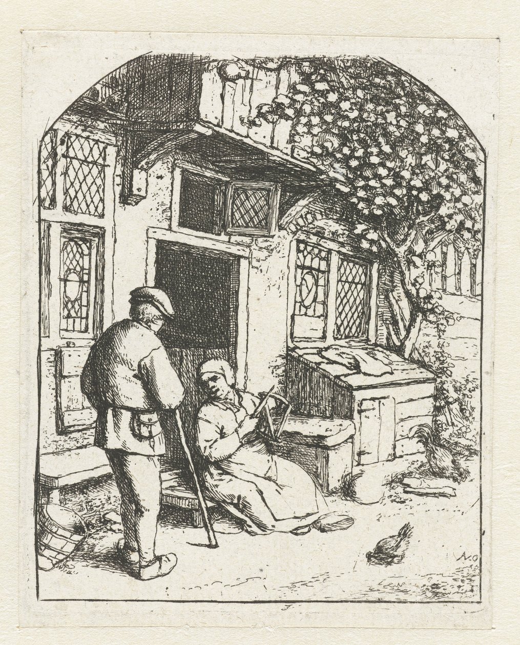 Adamla konuşurken bir evin eşiğinde oturan kız kurusu Evin kapısındaki makara by Adriaen van Ostade