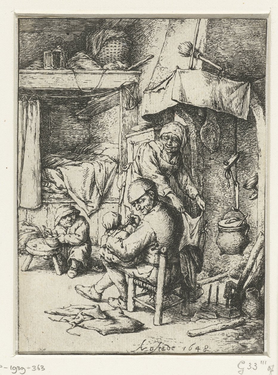 İç kucakta çocuklu baba aile babası by Adriaen van Ostade
