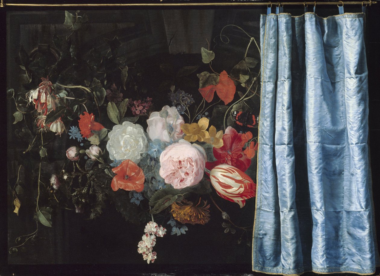 Trompe-l"Oeil Çiçek Çelenk ve Perdeli Natürmort, 1658 by Adriaen van Spelt