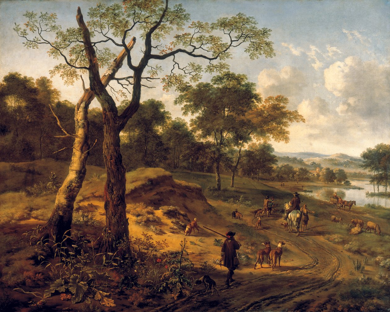 Bir avcı ve köpeklerle ormanlık akşam manzarası by Adriaen van de Velda