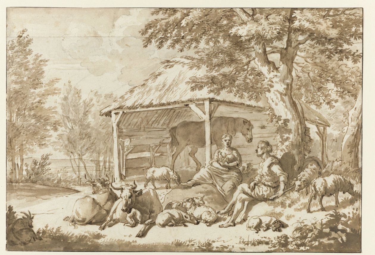 Bir Shed Herdersidylle yakınında sığır ile bir çoban çift by Adriaen van de Velde
