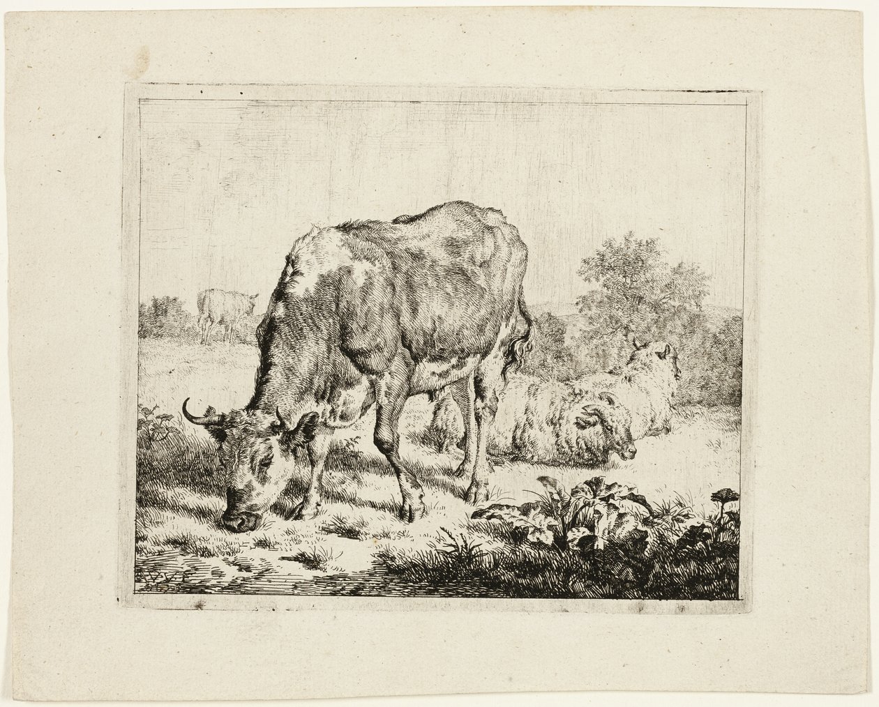 Otlayan Boğa ve Üç Koyun by Adriaen van de Velde