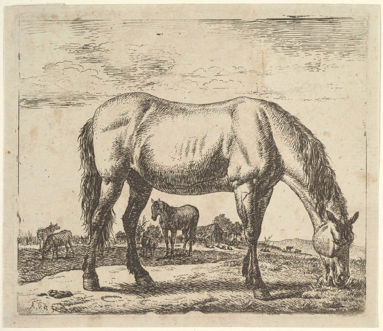 Farklı Hayvanlardan Otlayan At. by Adriaen van de Velde