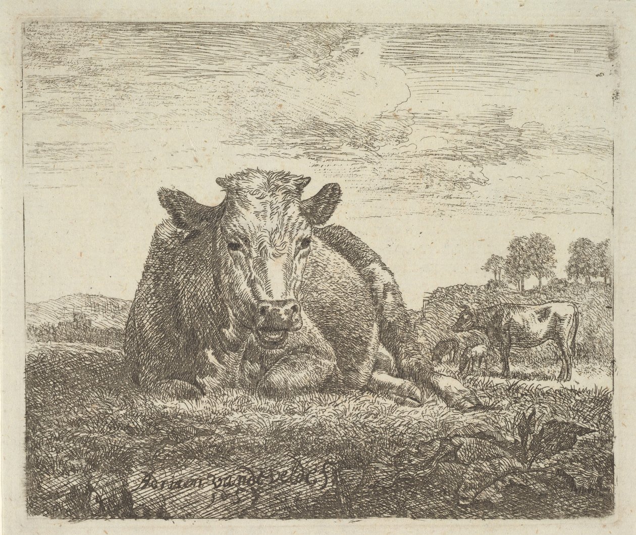 Farklı Hayvanlardan Yaslanmış İnek, 1657. by Adriaen van de Velde
