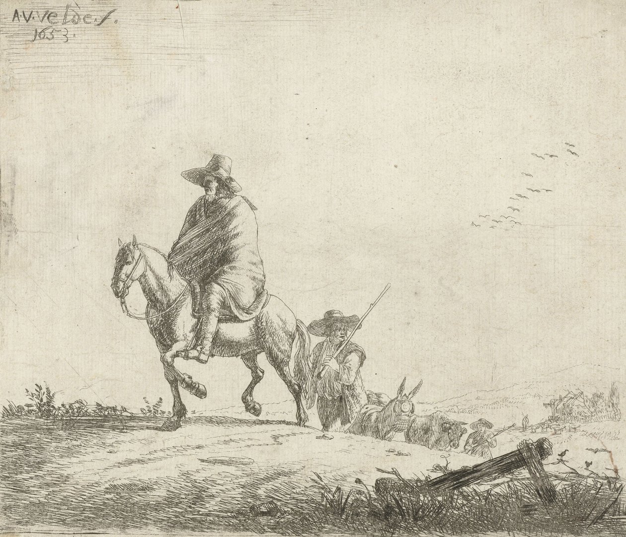 Toprak yolda sığırları olan bir binici ve çoban, 1653 by Adriaen van de Velde