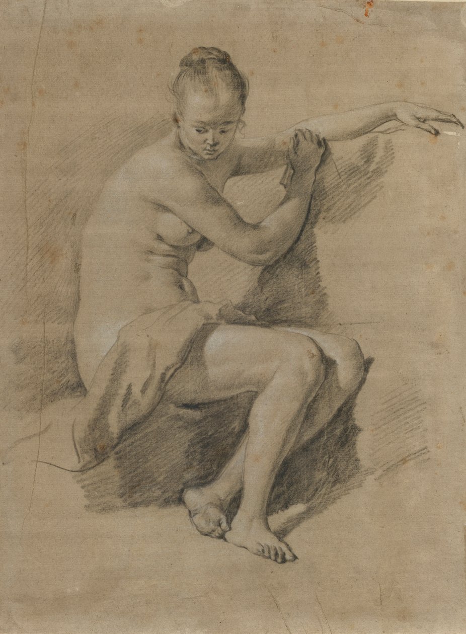 Oturan çıplak kadın, c.1660-70 (Siyah beyaz tebeşir çizimi) by Adriaen van de Velde