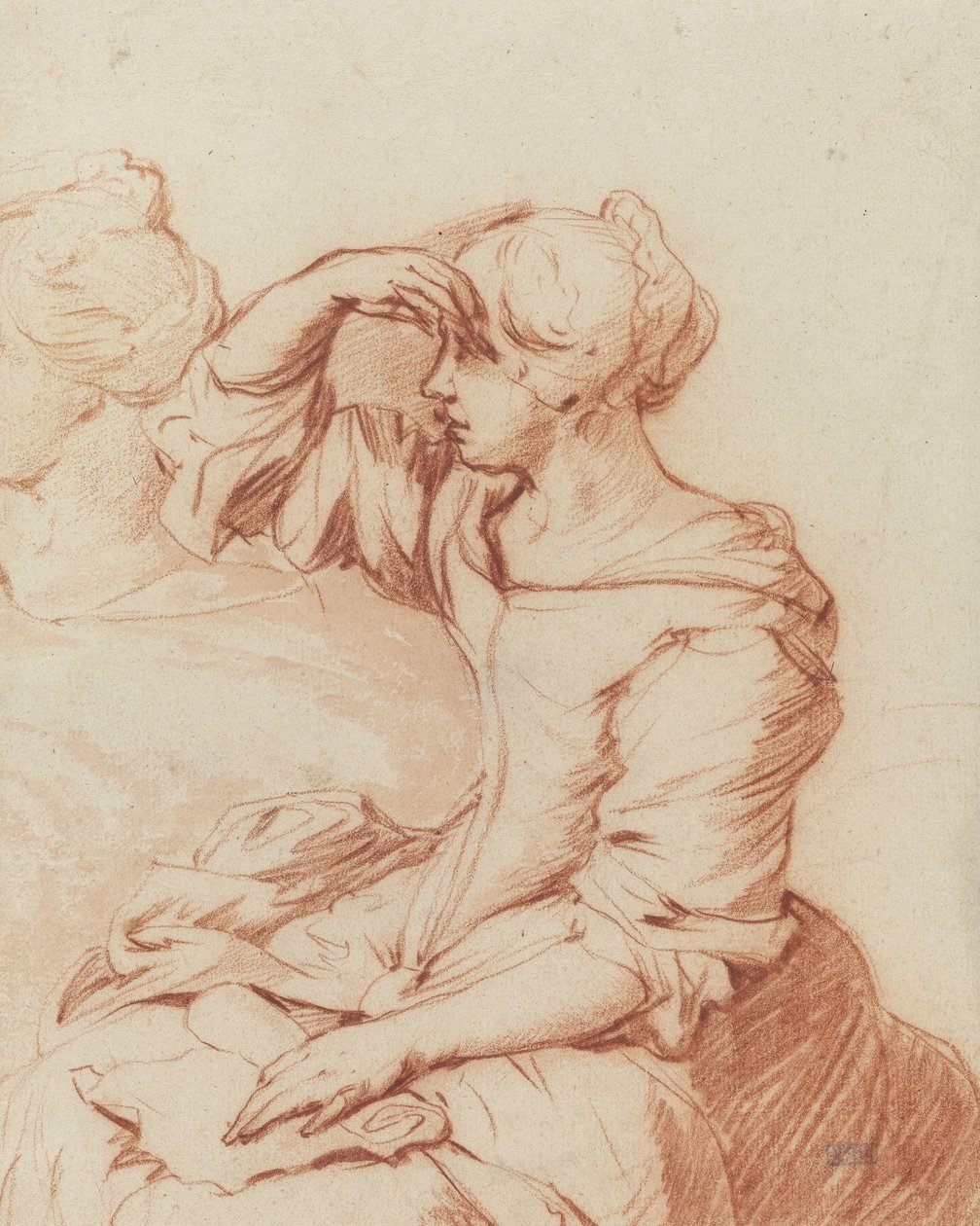 Elini gözlerinin üzerinde tutan oturan kadın (fırça ve tebeşir çizimi) by Adriaen van de Velde