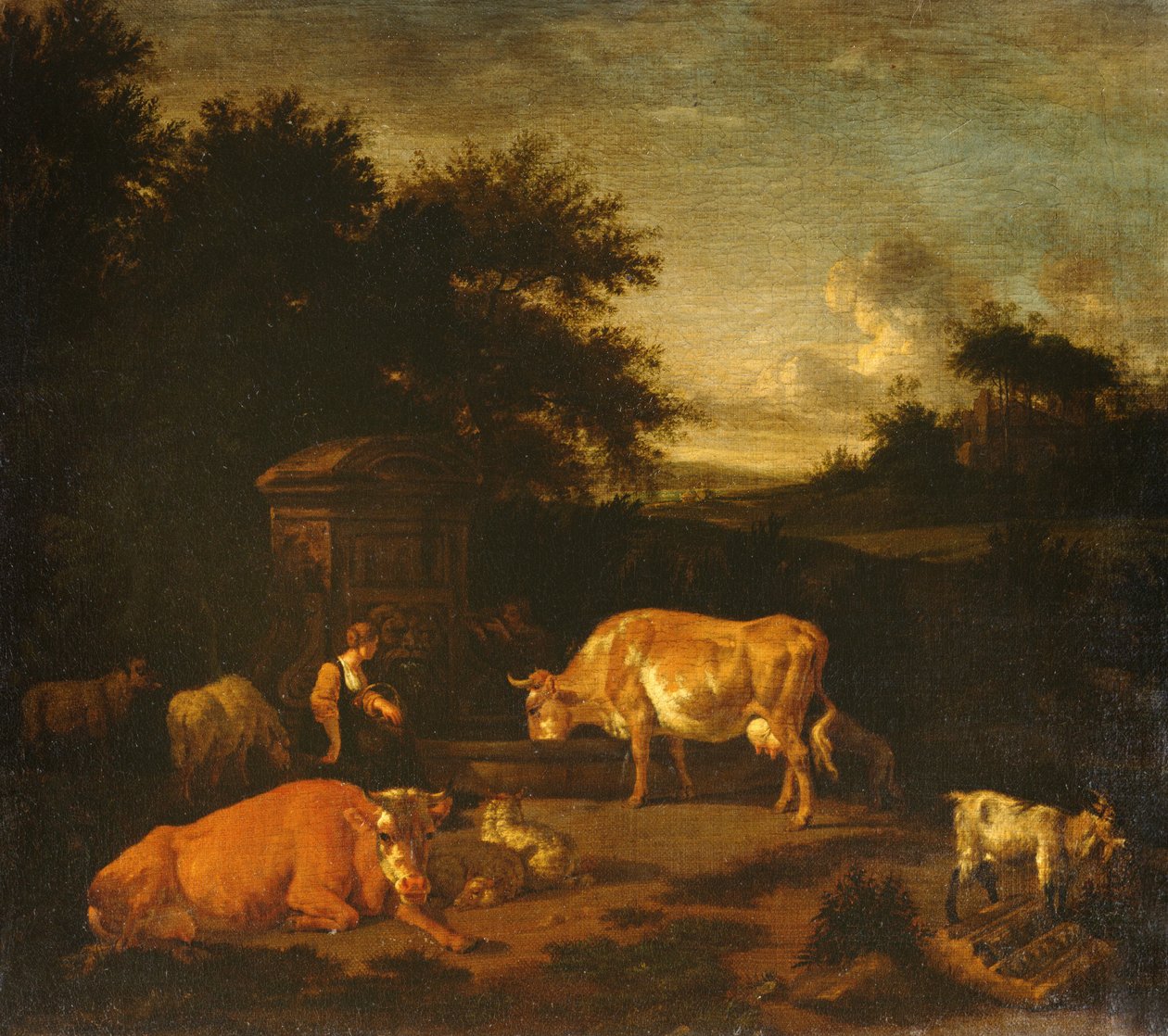 Ormanlık Bir Peyzajda Klasik Bir Çeşmenin Yanında Sürüleriyle Çoban ve Bir Gezgin by Adriaen van de Velde