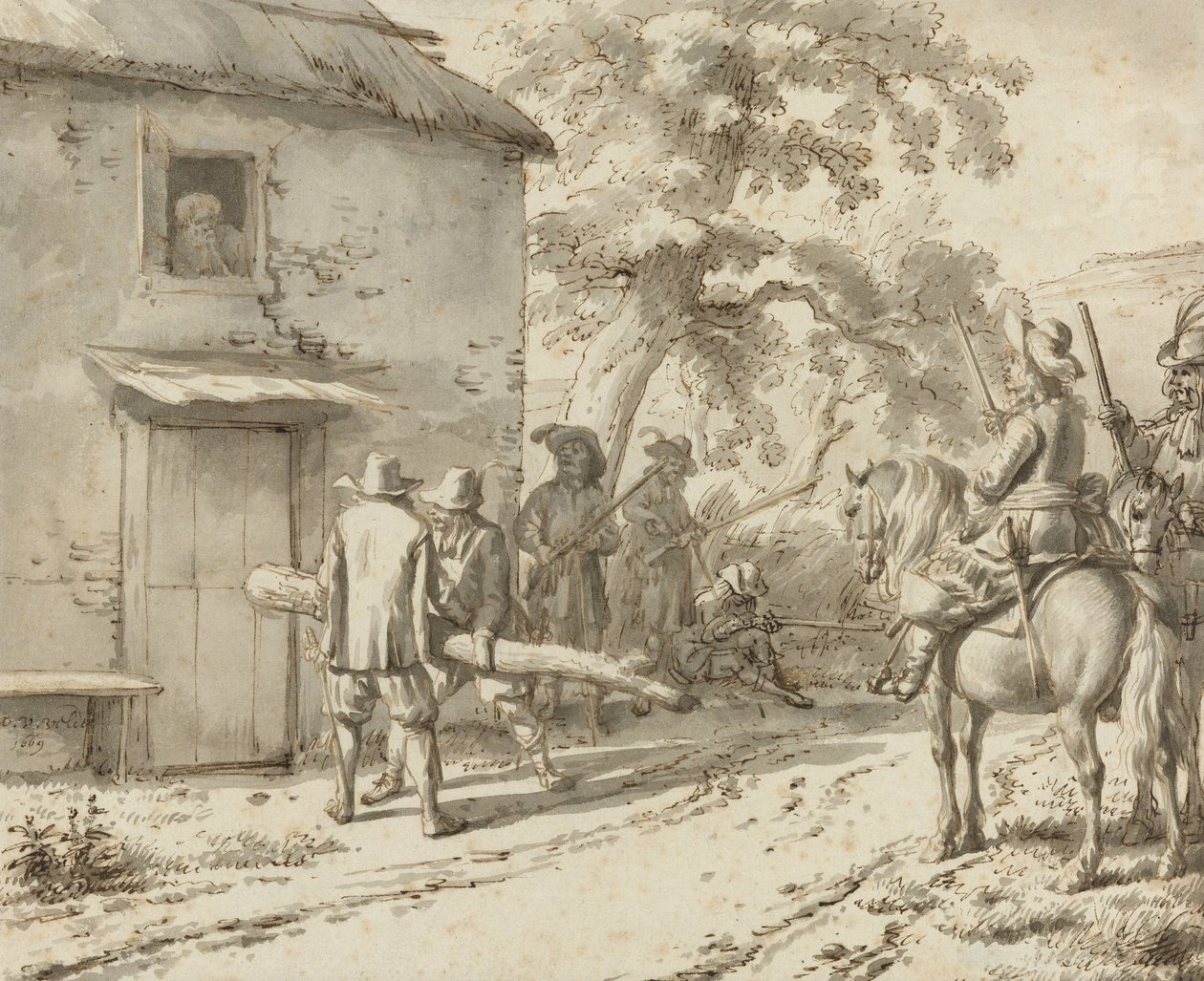 Askerler kapıyı zorluyor, 1669 (kalem ve mürekkeple çizim) by Adriaen van de Velde