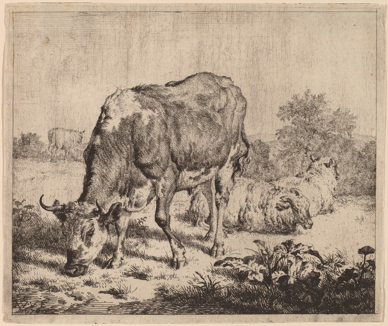Benekli Boğa ve Üç Koyun by Adriaen van de Velde