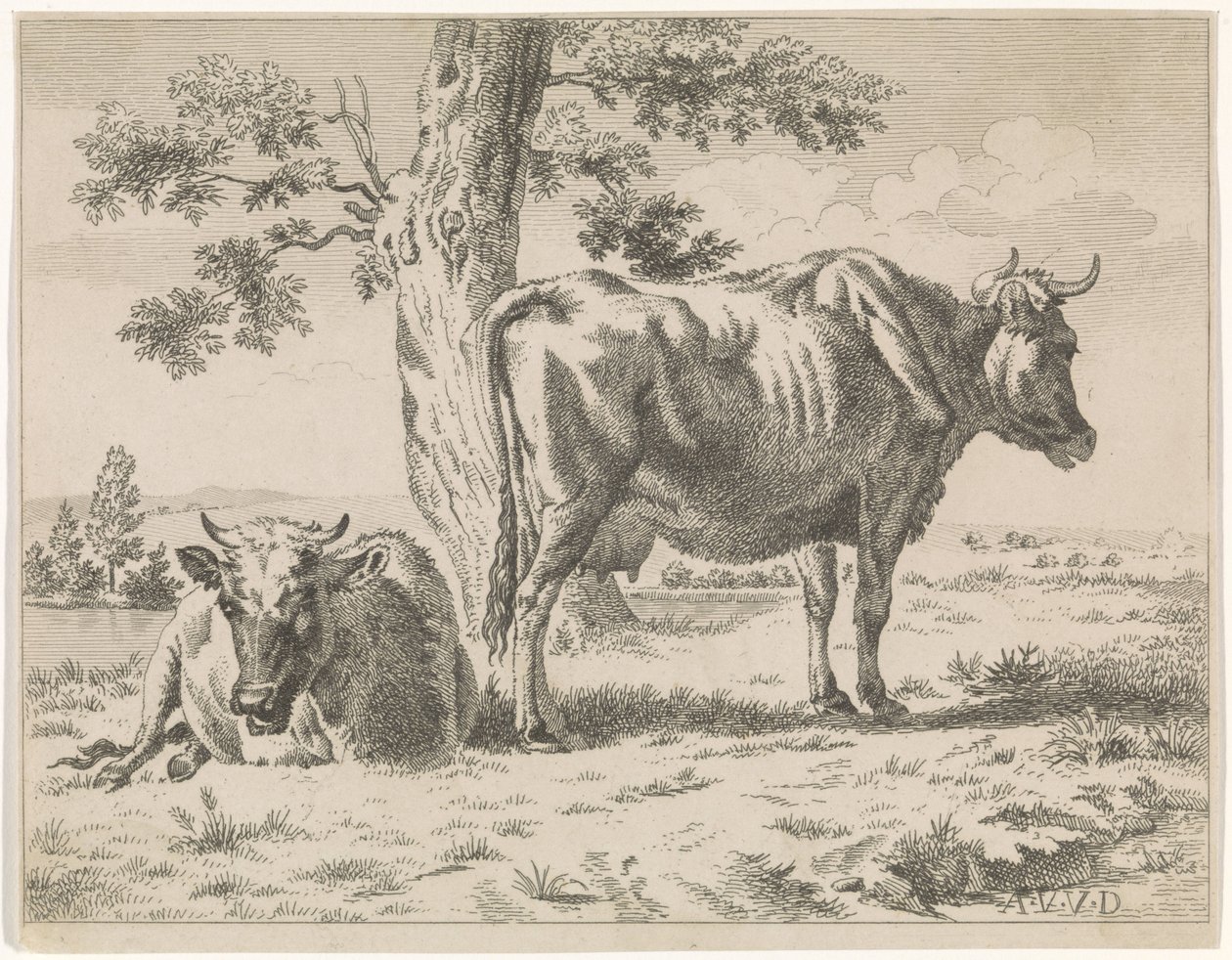 Bir Ağacın Yanında İki İnek (dizi adı) Bir ağaç ve iki koyun tarafından otlayan inek by Adriaen van de Velde