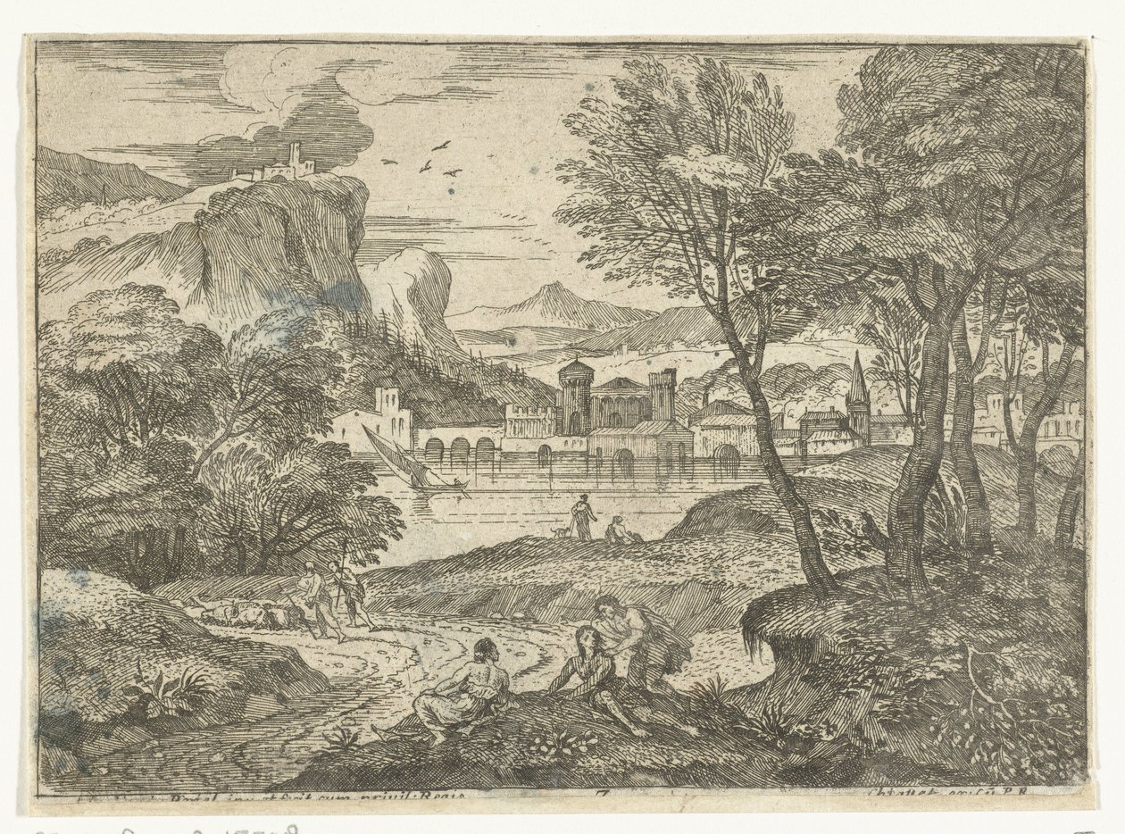 Yol boyunca üç kişi ile manzara Adam ve iki kadın ağaçların gölgesinde Manzaralar, sekizinci seri (dizi başlığı) by Adriaen van der Kabel