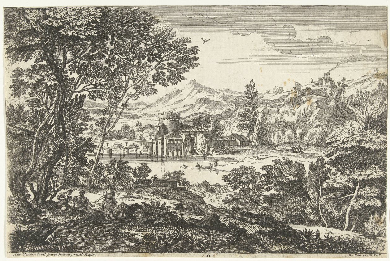 Bir ağacın altında üç kişi ile manzara Manzaralar, seri beş (seri başlığı) by Adriaen van der Kabel
