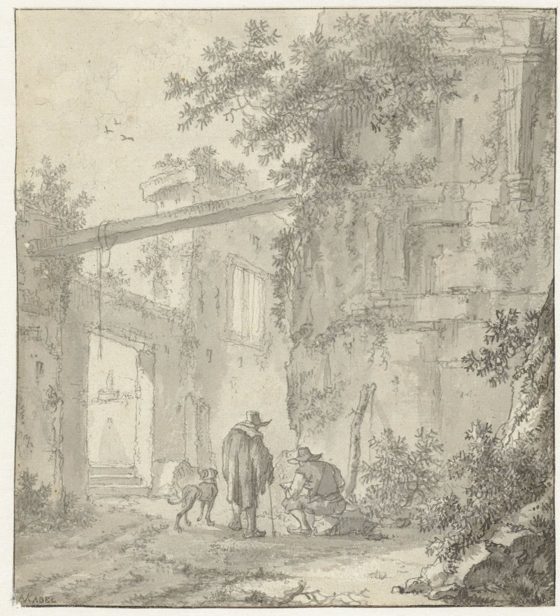 Bir Ressam, Arkadaşı ve Bir Köpekle Eski Harabelerin Görünümü by Adriaen van der Kabel