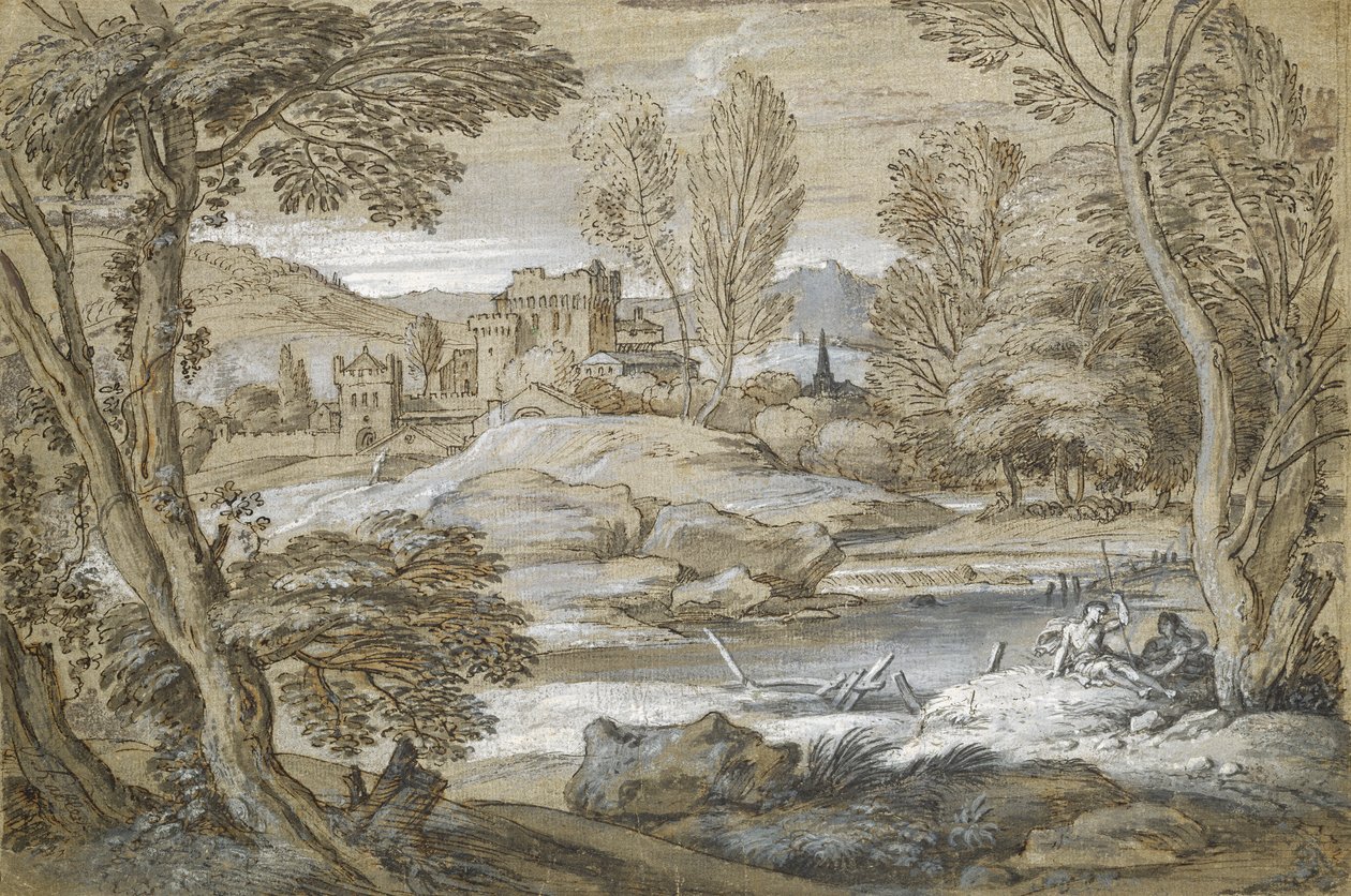 Klasik manzara (kağıt üzerinde kalem ve Hint mürekkebi) by Adriaen van der Cabel