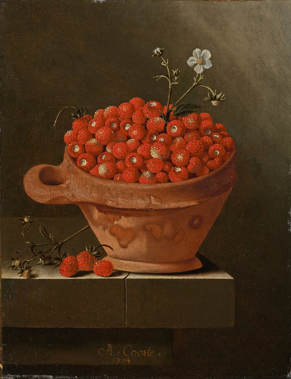Toprak kapta çilek ile natürmort, 1704 by Adrian Coorte
