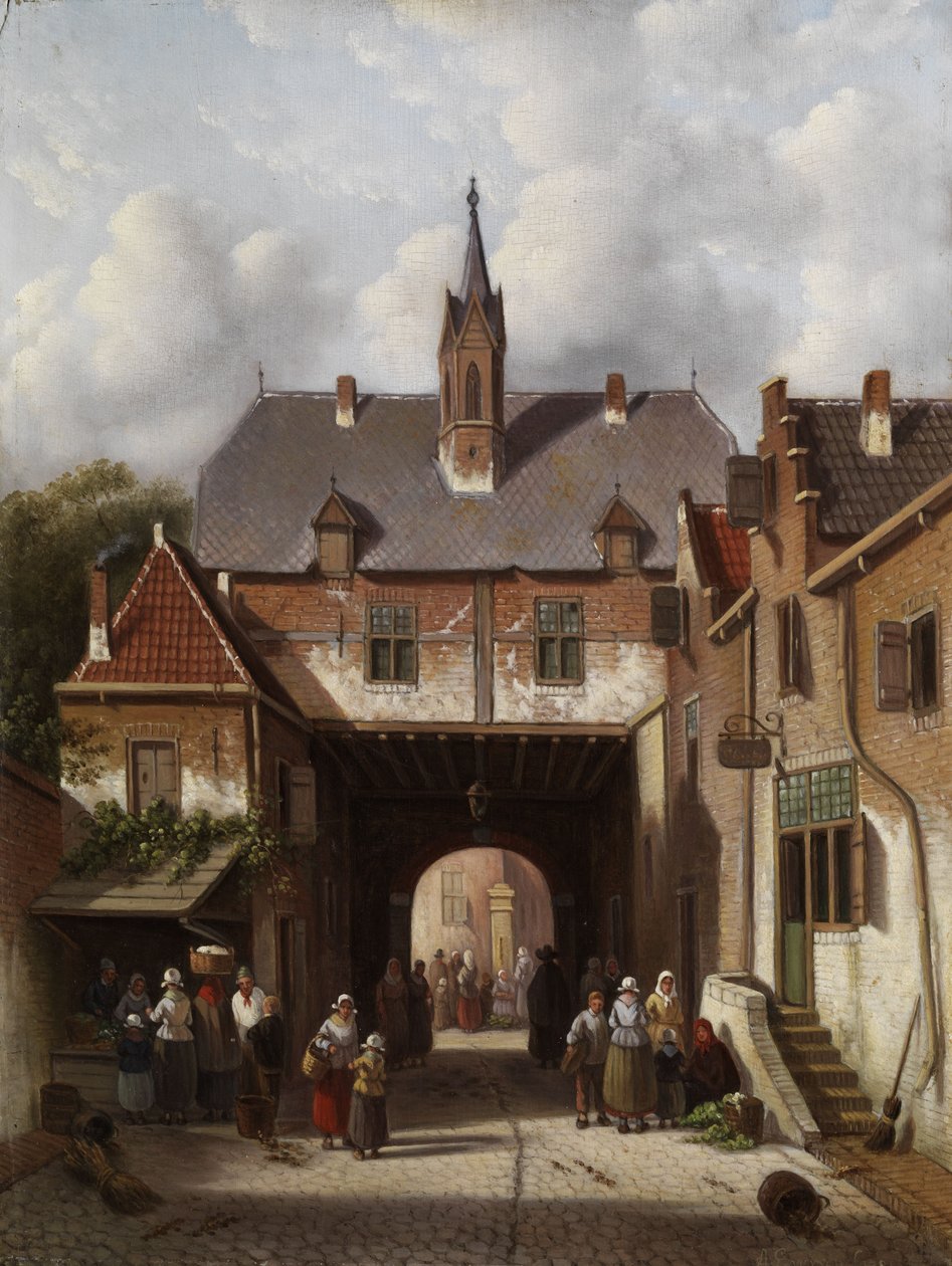 Bir kapı binasının altında pazar telaşı by Adrianus Eversen