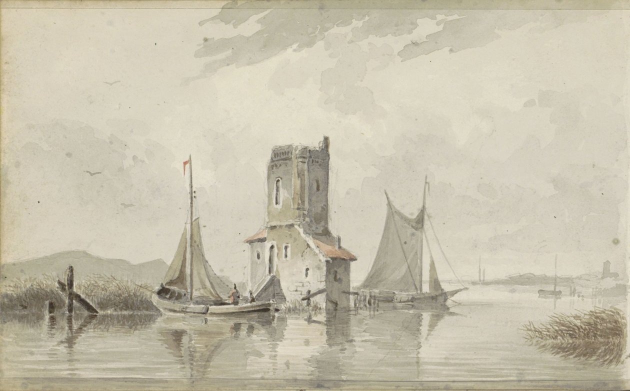 Bir kule ile nehir manzarası by Adrianus Eversen