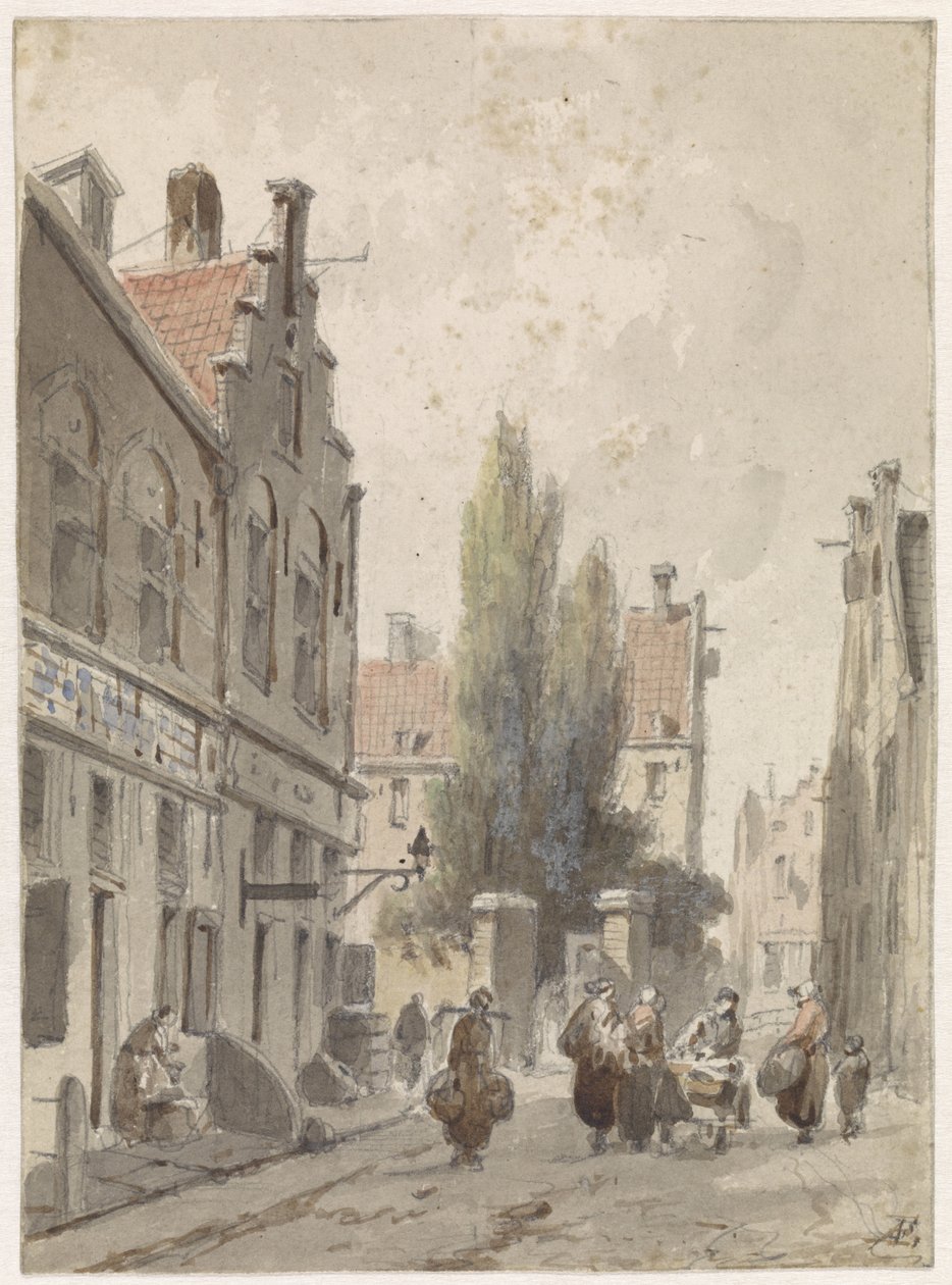 Bir seyyar satıcı ile şehir manzarası by Adrianus Eversen
