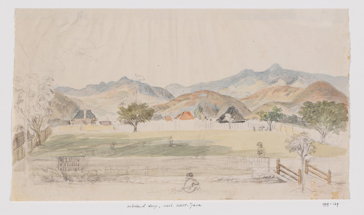 Evlerin ve köy meydanının peyzajı ve görünümü, Batı Java by Adrianus Johannes Bik