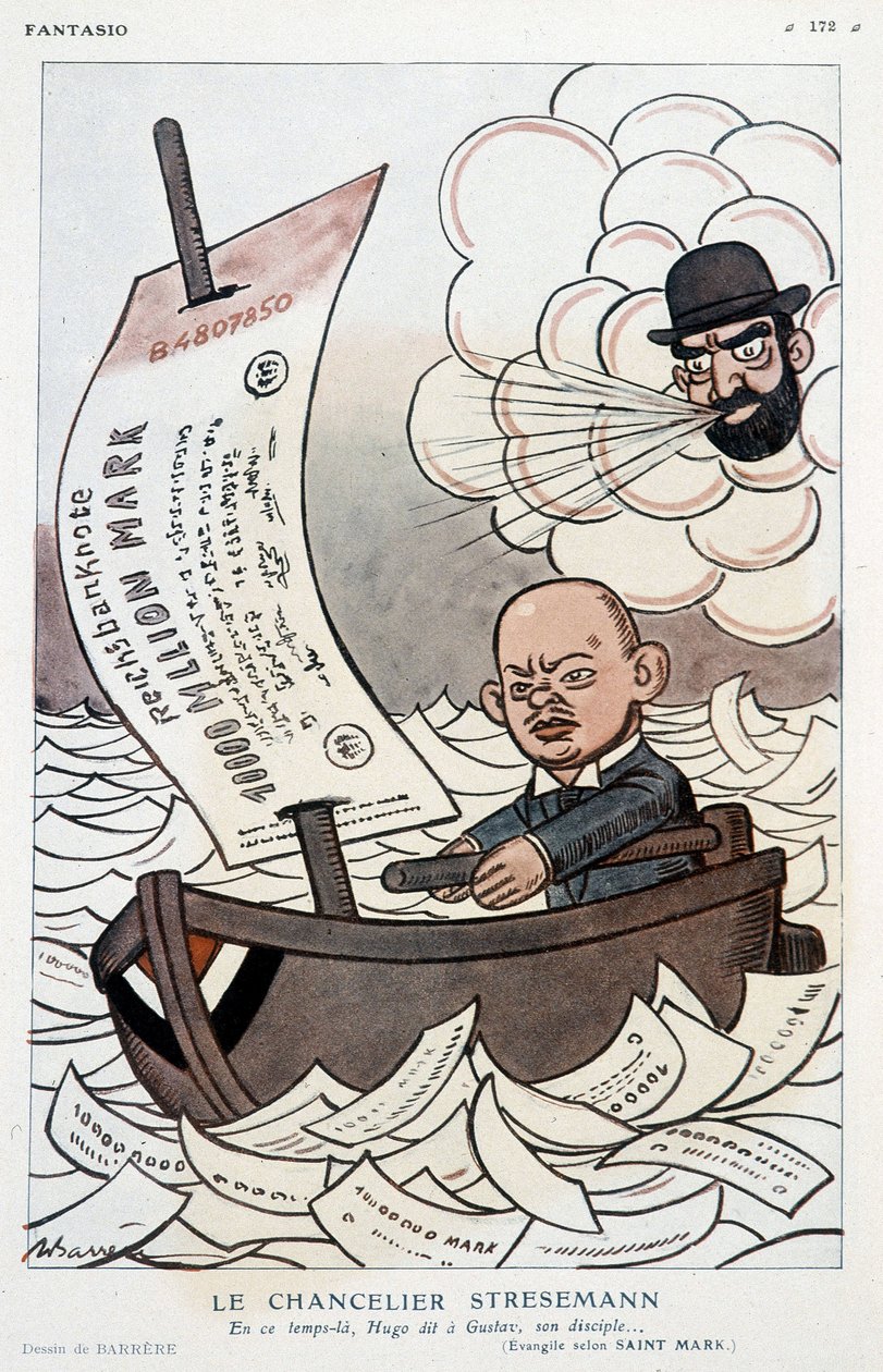 Alman Şansölyesi Gustav Stresemann (1878-1929) ve İşaretin Devalüasyonu Üzerine Karikatür - Adrien Barrere (1877-1931) tarafından 01/11/1923 tarihli “Fantasio””da by Adrien Barrere