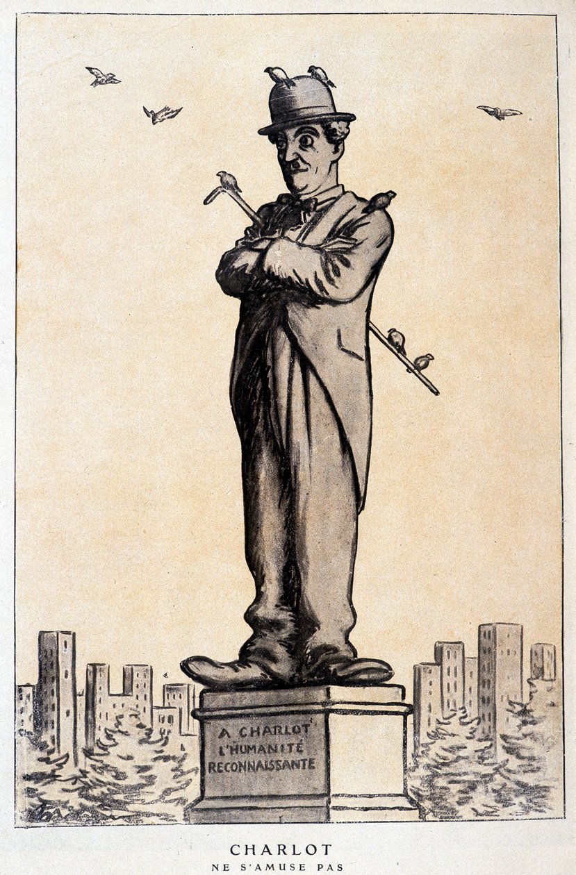 Kaide üzerinde yazılı heykelde Charlot: “Bir Charlot, minnettar insanlık”” (“Charlot ne s'amuse pas”) - Barrère tarafından 01/07/1920 “” Fantasio””da çizim by Adrien Barrere