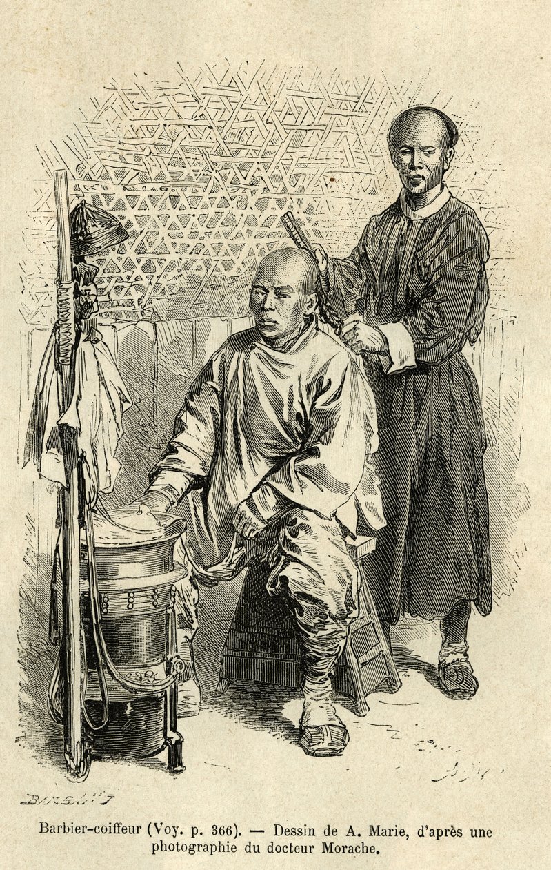 Tam iş başında bir berber berber berber, bölmeleri ve bir kase ile bir tezgah ve silindirik ahşap kutu seyahat ekipmanını oluşturur. A.Marie