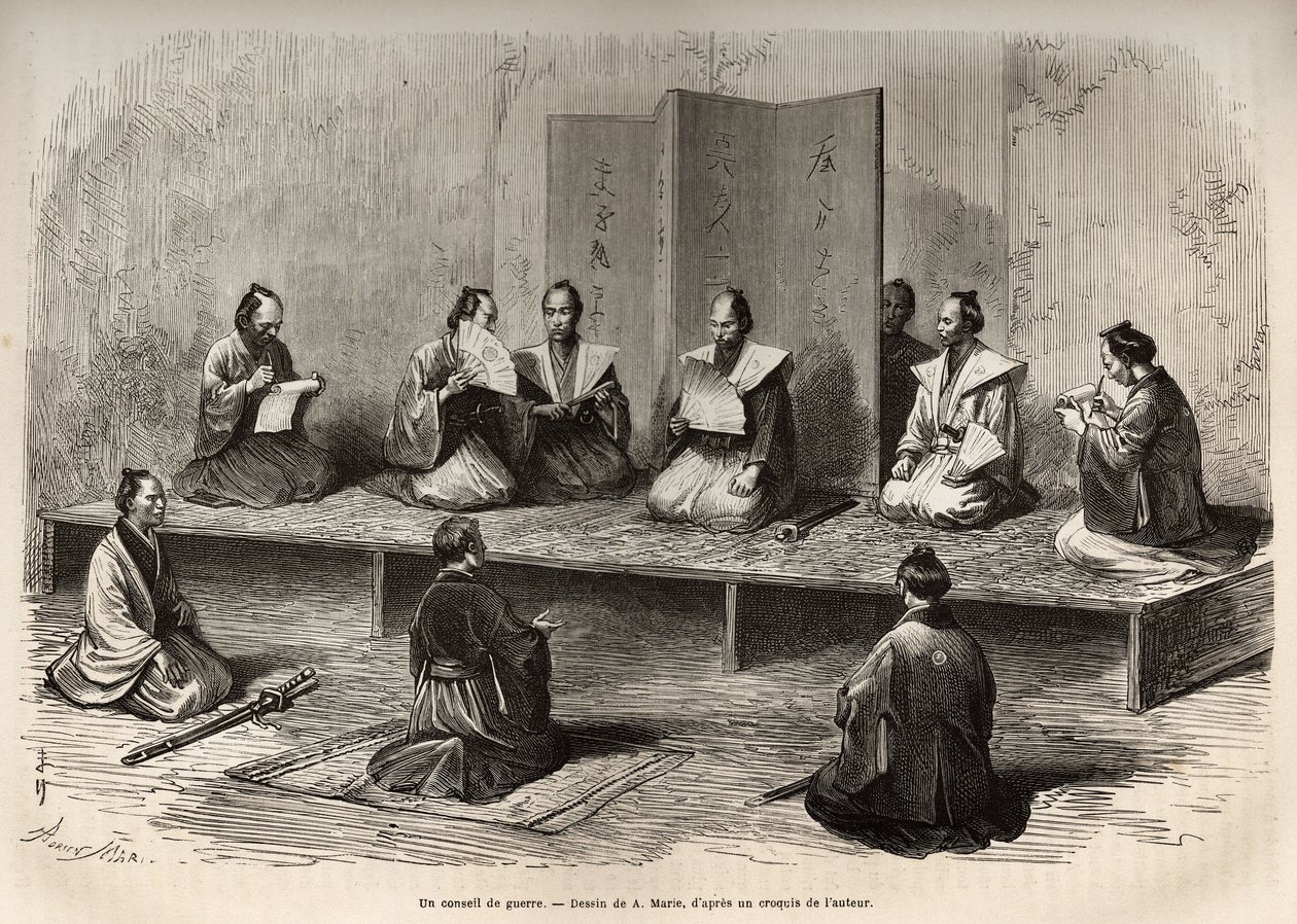Edo'daki (bugünkü Tokyo) bir savaş konseyi, meiji restorasyonundan (1868) hemen önce daimioların (veya daimyoların: Japon soylularının) bir ayaklanmasıyla yüzleşmek için taikoun (zamansal gücün başı) subaylarını bir araya getiriyor. A.Marie'den son by Adrien Emmanuel Marie