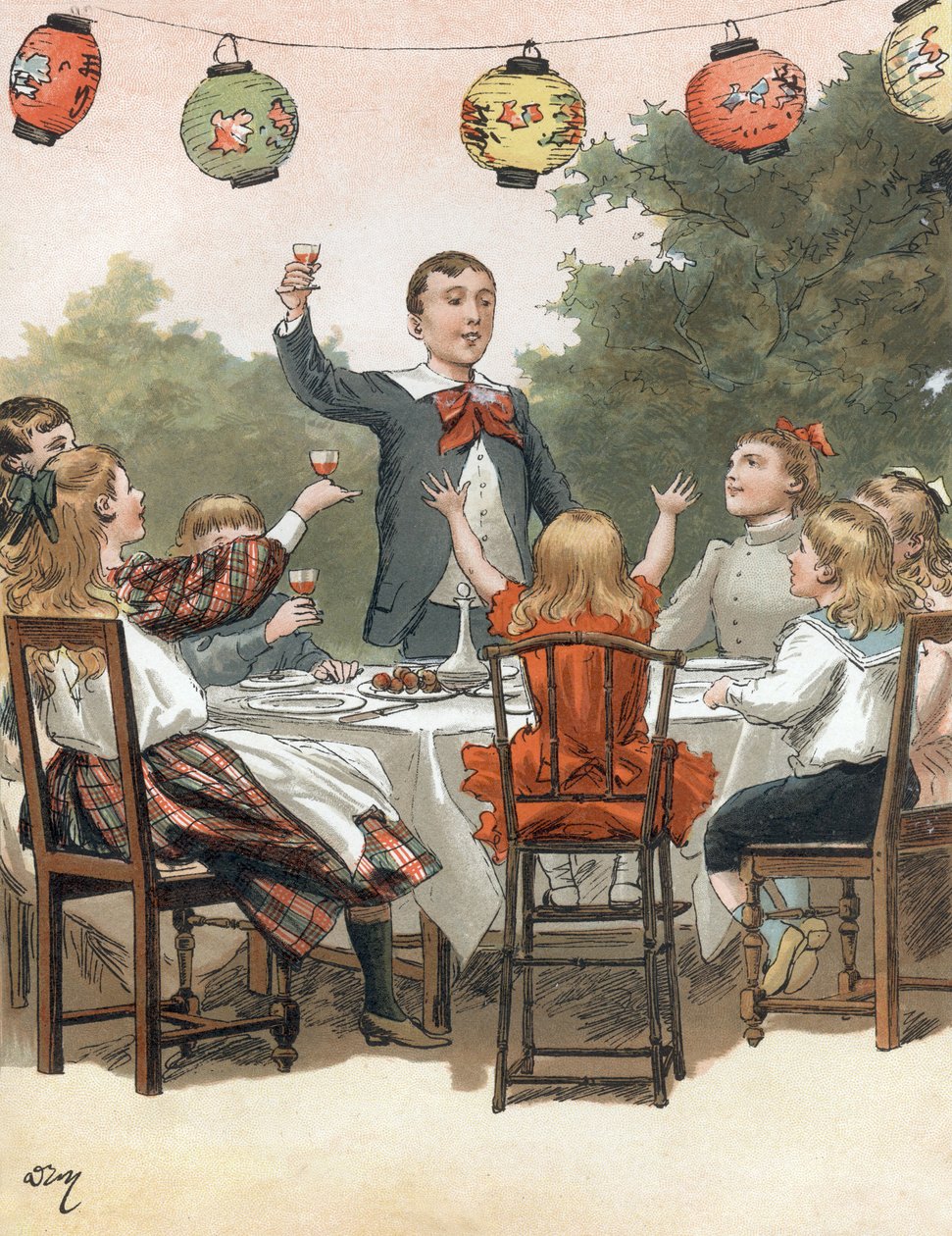 Genç bir çocuk konuşma yapıyor, çocuklar camı tokuşturuyor, çizim Adrien Marie tarafından Zari#39;nin Tout a la joie kitabında, Emile Guerin yayını 1890 by Adrien Emmanuel Marie