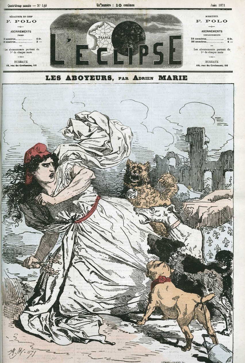 Havlayan, kralcı ya da bonapartçı köpekler tarafından takip edilen Cumhuriyet. Adrien Marie, Haziran 1871, Paris tarafından “” L