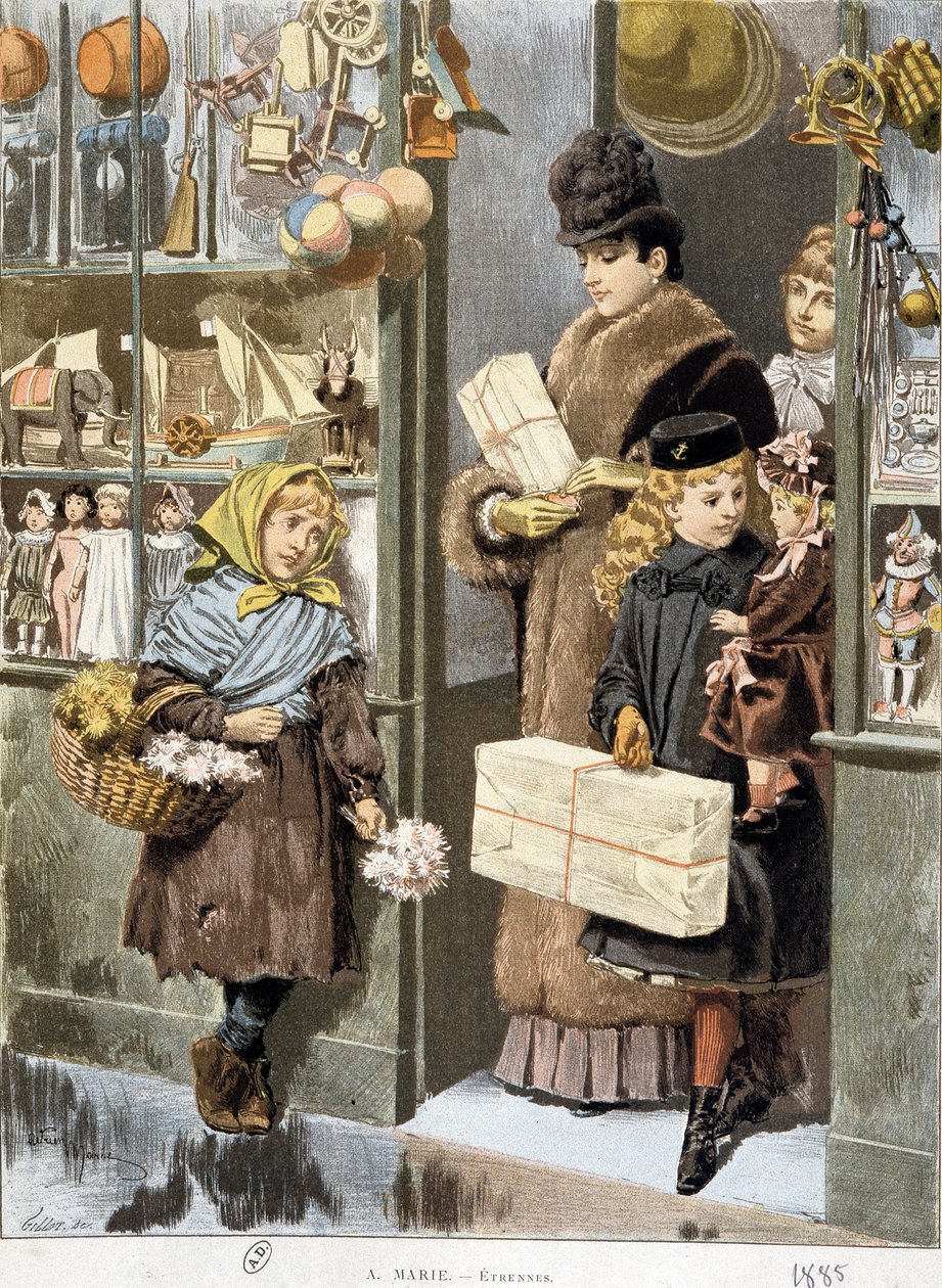 Zenginlerin çıktığı bir oyuncakçının çıkışında küçük buketler satan zavallı kız (Noel için alışveriş mi yapıyor?) - Adrien Marie