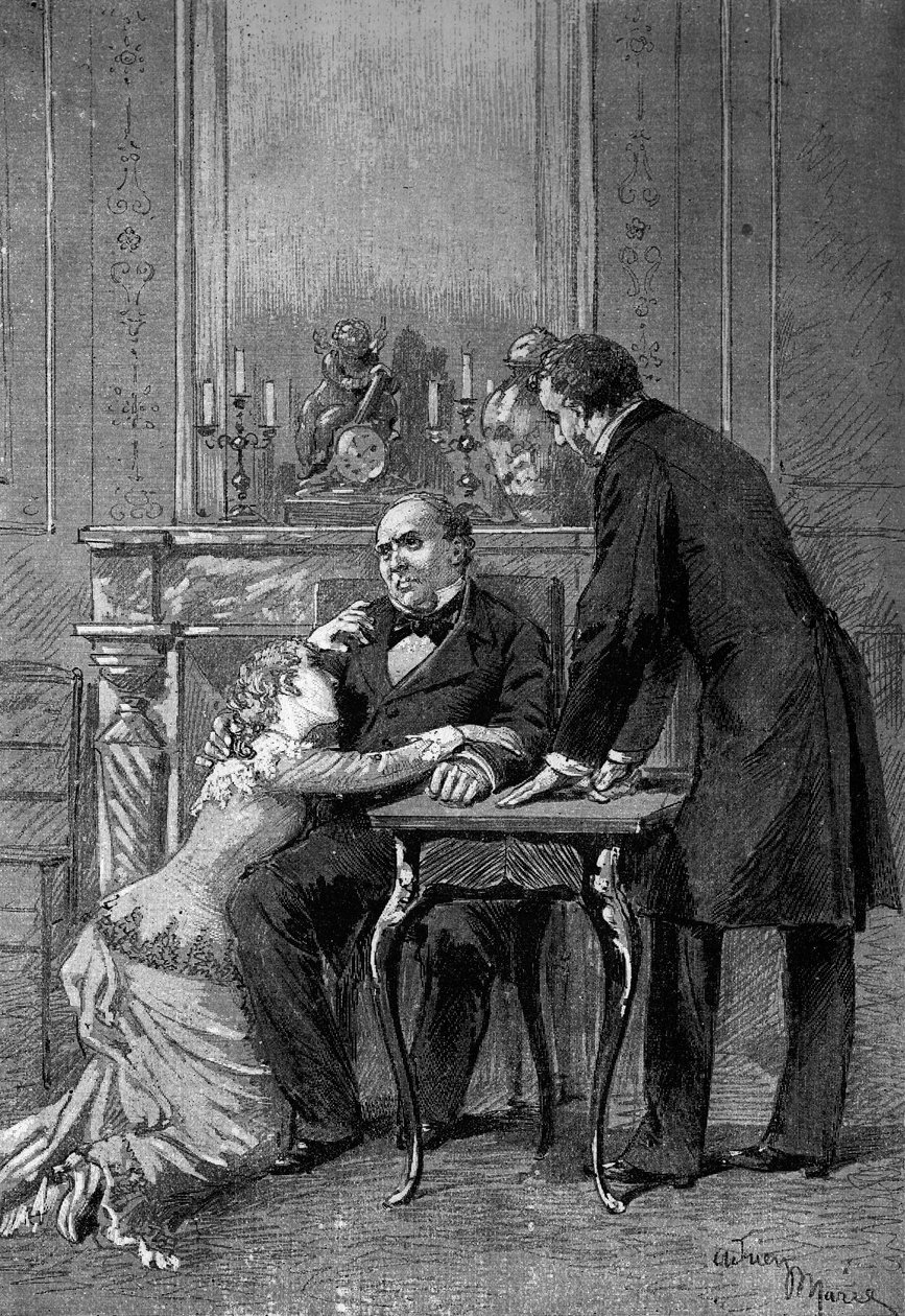 Tiyatro performansı: Auguste Vacquerie (1819-1895), Bayan Bertet (Andree), Bay Barre (Bruel), Edmond Got (1822-1901) (Jean Beaudry) ile "Jean Baudry"nin 1. perdesi. Paris, Komedi Française by Adrien Emmanuel Marie